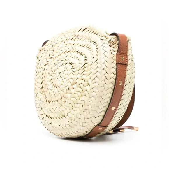 Chloe Marcie Woven Palm Round Crossbody Bag (Tan)